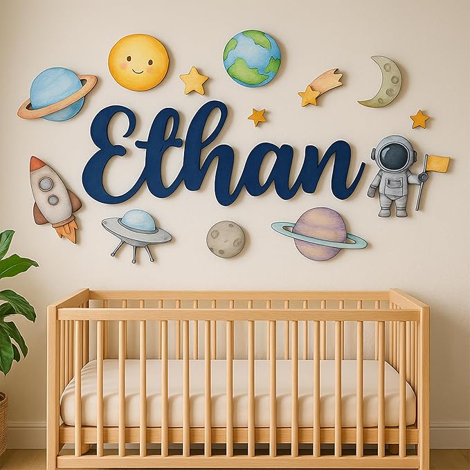 Custom Nursery Name Sign with Themed Decor Kit | Personalized Wooden Wall Art for Baby, Kids Room | Space, Jungle, Circus, Under the Sea, Woodland, Rainbow (20", Space)
