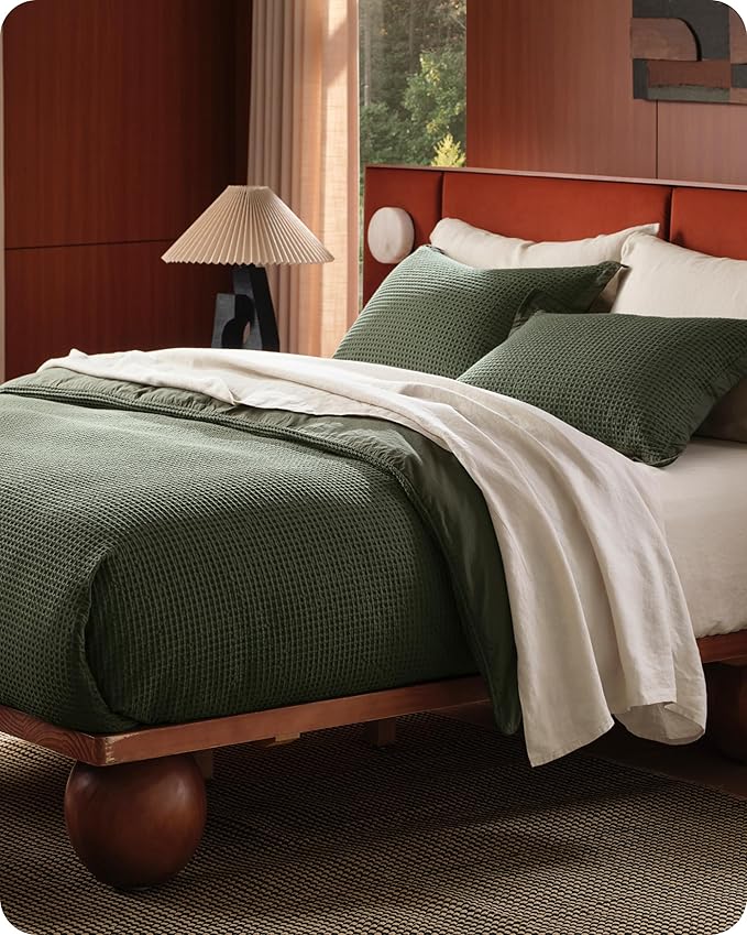 Bedsure Cotton Duvet Cover Full - 100% Cotton Waffle Weave Olive Green Duvet Cover Set, GentleSoft™ and Breathable Bedding Set for All Season, 3 Pieces, 80"x90"