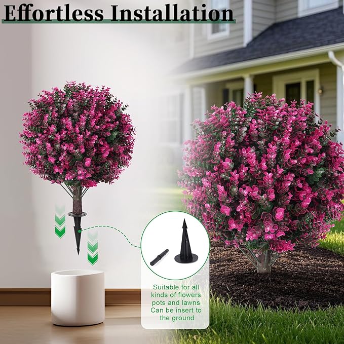 Artificial Pink Eucalyptus Topiary Ball Trees, 2 Set of 16'' UV Resistant Fake Evergreen Shrubs Bushes Plants with Ground Spike, Fake Plants for Outdoor Indoor Front Porch Garden