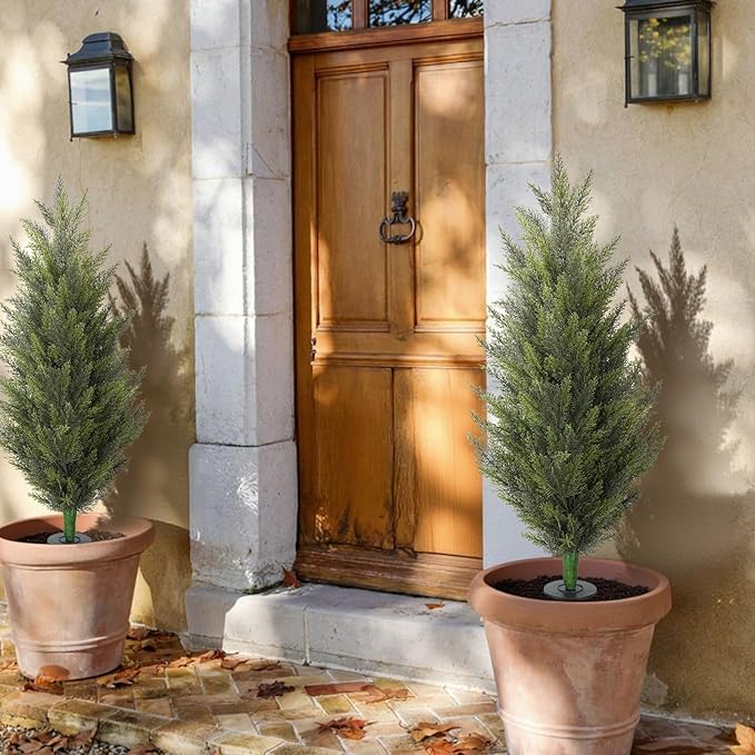 3.6FT Fake Topiary Trees Artificial Outdoor 2 Pcs Faux Cedar Tree UV Resistant Shrubs for Outdoor Patio, Porch, Garden Indoor Planters Home Decoration