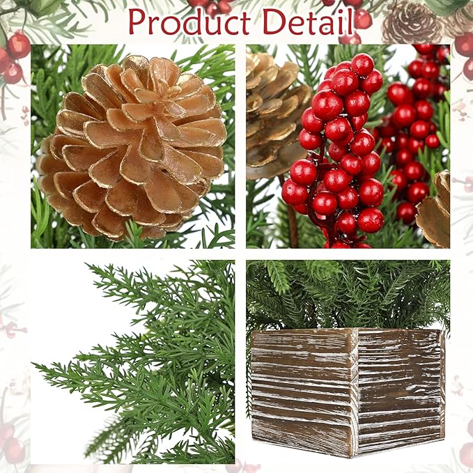 Artificial Christmas Norfolk Pine Arrangement with Red Berries and Pinecones 10 Inch Holiday Table Centerpiece in Rustic Wooden Box Faux Tabletop Arrangement for Home Mantel Xmas Dining Table Decor