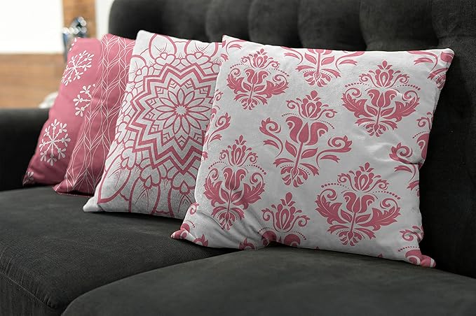 Ambesonne Retro Throw Pillow Cushion Case Pack of 4, Trellis Grid Medieval Floral Damask Mandala Flower Ornament in Modern Monochrome, Modern Accent Double-Sided Digital Printing, 24", Pastel Pink