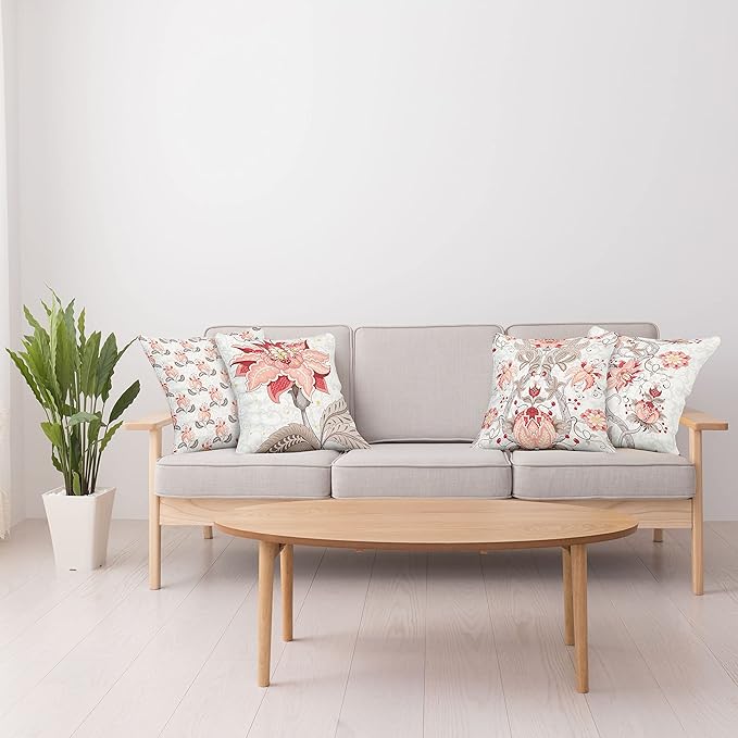 Ambesonne Vintage Throw Pillow Cushion Case Pack of 4, Ethnic Folkloric Flower Motifs in Neutral Tones Nostalgic Floral, Modern Accent Double-Sided Digital Printing, 24", Salmon Vermilion