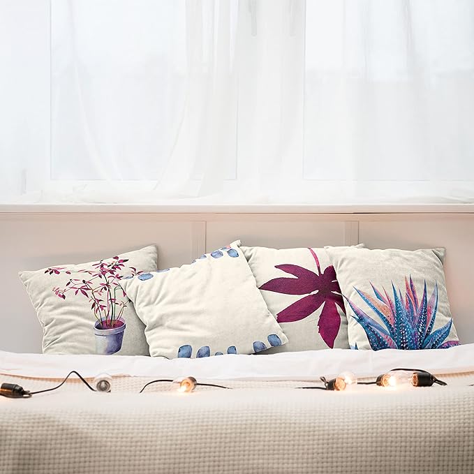 Ambesonne Botanical Throw Pillow Cushion Case Pack of 4, Minimalist Watercolor Painting Leaves Agave Branches Plant in a Pot, Modern Accent Double-Sided Digital Printing, 20", Dark Pink and Ceil Blue