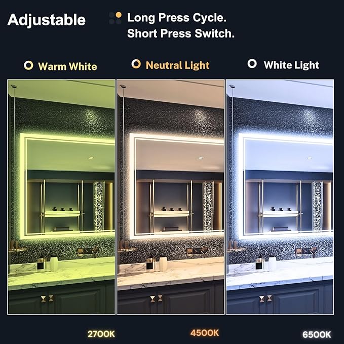 LED Bathroom Mirror 24"x 32", Backlit Bathroom Mirror with Lights,Stepless Dimmable,Anti-Fog, Shatter-Proof, Memory, 3 Colors Lighted Vanity Mirror (Horizontal/Vertical)