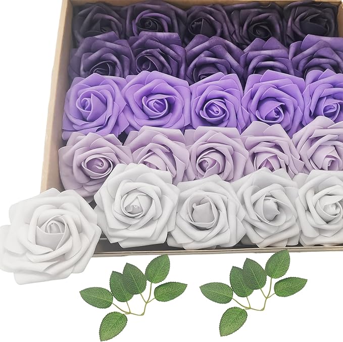 Artificial Fake Flowers 25pcs Roses, Shade of Purple Foam Rose Faux Flower for DIY Wedding Bouquets Bridal Shower Centerpieces Floral Arrangements Party Tables Home Decorations