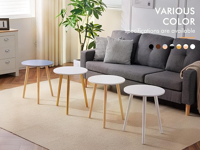 Apicizon Round Side Table, White Bedside Table Coffee End Table for Bedroom, Living Room, Small Spaces, Easy Assembly Nightstands with Natural Wood Legs, 16.5 x 20.5 Inches