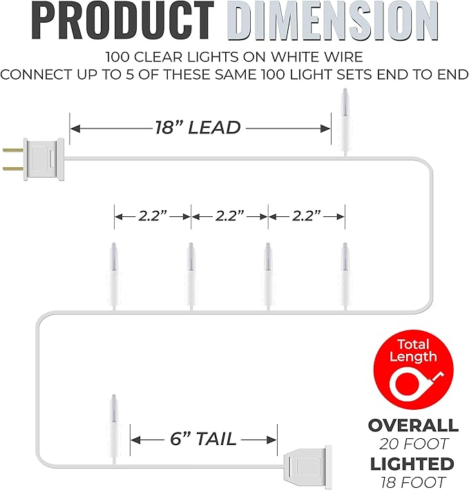 612 Vermont 100 Clear Christmas Lights on White Wire, UL Approved for Indoor/Outdoor Use, 18 Foot of Lighted Length, 20 Foot of Total Length (Pack of 2)