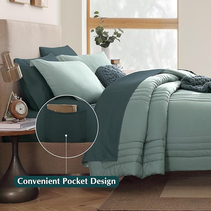 Monbix King Size Comforter Set - 7 Pieces Bed in a Bag King, Sage Green Bedding Sets with Comforter, All Seasons Comforter Bed Set with Sheets, Pillowcases & Shams