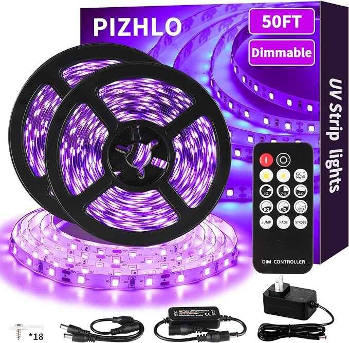50 Foot Black Light Strips & Remote, Dimmable Flexible Blackights Strip Lights for Glow Party Body Paint Birthday Bedroom Room Fluorescent Tapestry Poster, Non-Waterproof 900 LEDs 50ft/15M