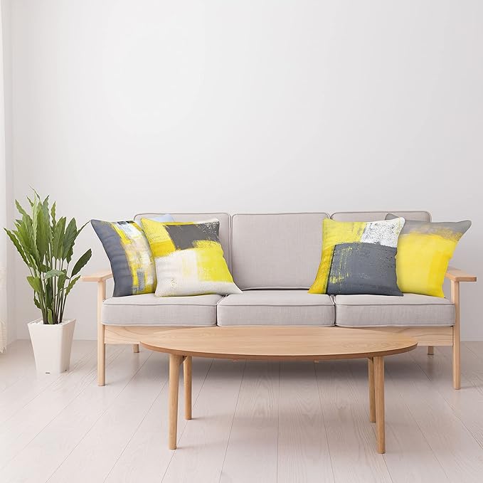 Ambesonne Modern Throw Pillow Cushion Case Pack of 4, Abstract Grunge Themed Geometric Squares with Paintbrush Stroke Effect Ornament, Modern Accent Double-Sided Digital Printing, 16", Yellow Grey