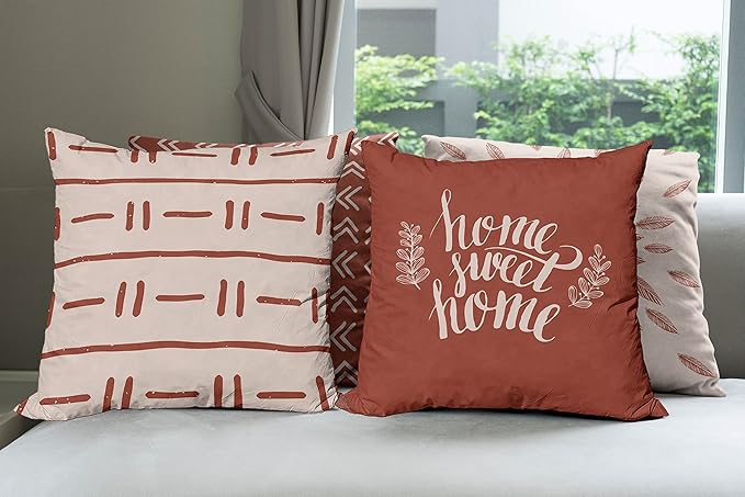 Ambesonne Modern Throw Pillow Cushion Case Pack of 4, Scandinavian Minimal Ornaments Boho Feather Leaves and Home Phrase Print, Modern Accent Double-Sided Digital Printing, 20", Pale Tan and Dark Rust