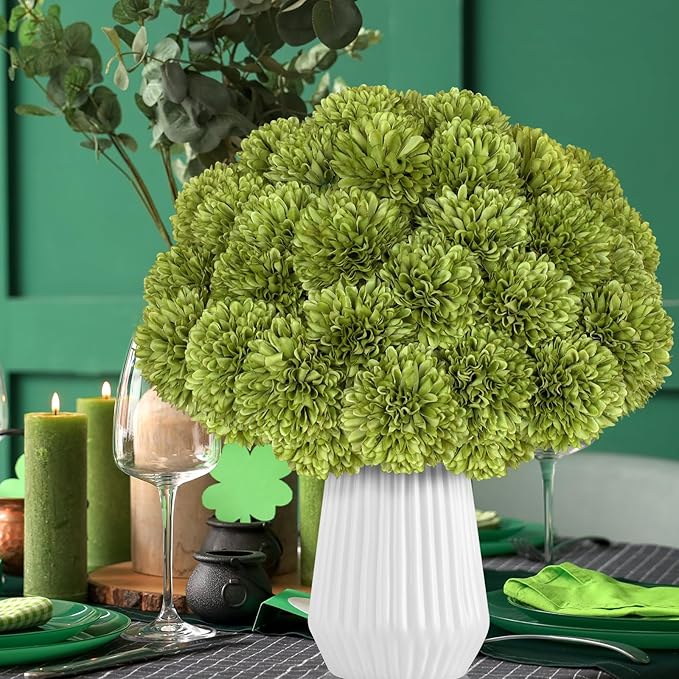 36 Pcs Artificial Chrysanthemums Flowers Green Ball Flower Silk Fake Mums Flowers for Home Decor Outdoor Wedding Floral Arrangement St Patricks Day Table Centerpiece