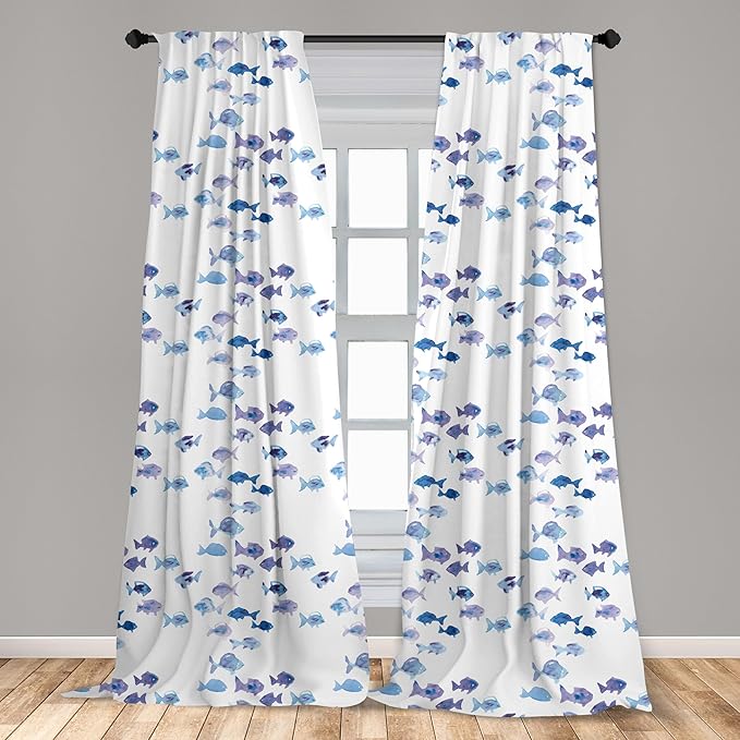 Ambesonne Animal Window Curtains, Little Fishes Watercolors Ocean Underwater Life Marine Theme Art, Lightweight Decor 2-Panel Set with Rod Pocket, Pair of - 28" x 95", Blue