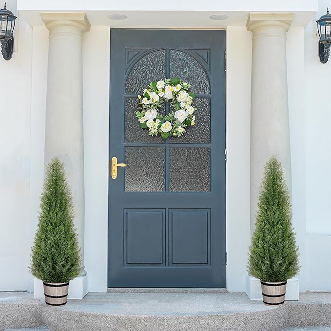 3FT Artificial Cedar Topiary Trees with Rustic Barrel Planter, Outdoor Indoor Realistic Faux Pine Shrubs Plants, Fake Cypress Trees for Home Offices Porch Decor, Set of 2