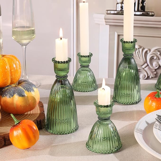 6 Pcs Green Glass Candlestick Holder (3.5"/6", Assorted)- Tall Taper Candle Holders with Vintage Design, Candle Stick Holders in Bulk for Party Decorations, Green Candle Holder for Tapered Candles