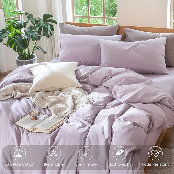 MooMee Bedding Duvet Cover Set 100% Washed Cotton Linen Like Textured Breathable Durable Soft Comfy (Heathered Light Purple, Full 80"x90")