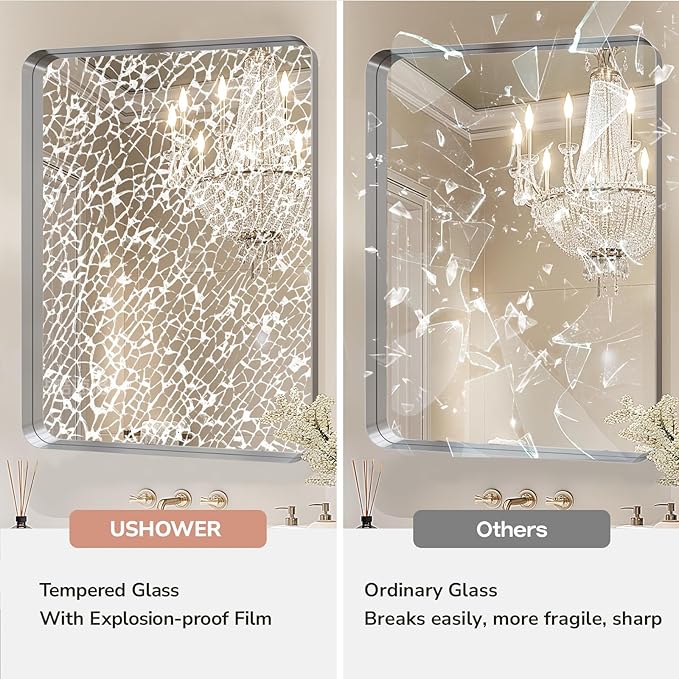 USHOWER Brushed Nickel Bathroom Mirrors 22"x30" 2 Pack, Silver Rectangle Mirrors for Over Sink, Rounded Corner, Aluminum Frame, Anti-Rust, Tempered Glass, Horizontal or Vertical Mounted