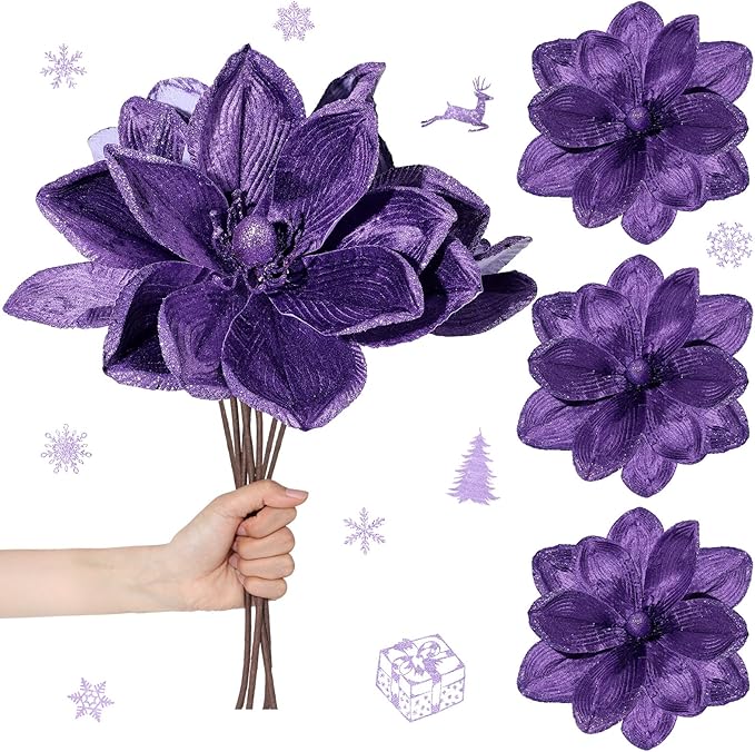 8 Pcs Large Christmas Flower Magnolia Flowers Christmas Tree Decoration Artificial Poinsettia Stems Velvet Xmas Ornaments for Xmas Tree Table Decor(Purple,16 Inch)
