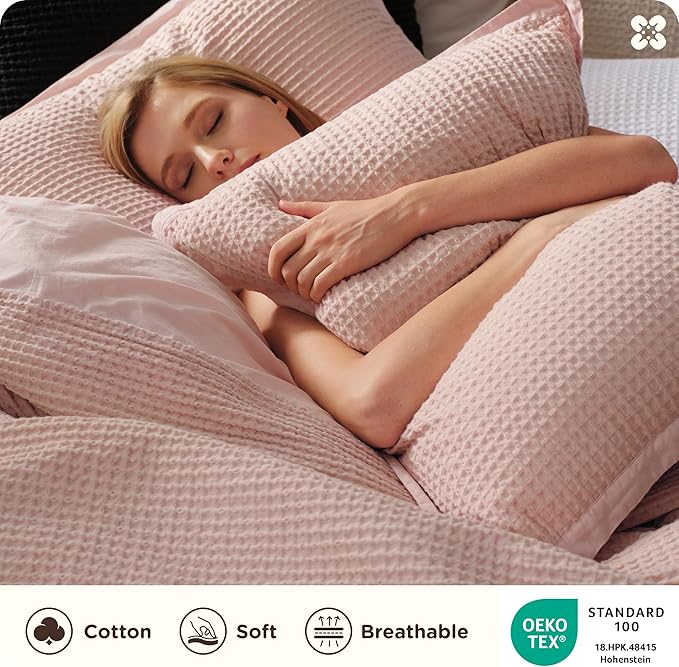 Bedsure Cotton Duvet Cover King - 100% Cotton Waffle Weave Pink Duvet Cover King Size, GentleSoft™ and Breathable Bedding Set for All Season, 3 Pieces, 104"x90"