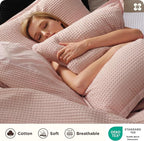 Bedsure Cotton Duvet Cover Queen - 100% Cotton Waffle Weave Pink Duvet Cover Queen Size, GentleSoft™ and Breathable Bedding Set for All Season, 3 Pieces, 90"x90"