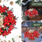 Florielle Artificial Fake Christmas Hanging Flowers Plants Basket with LED Lights, Faux Poinsettia, Pine Branches, for Outdoor New Year Xmas Decoration, Porch Home Holiday Decor (White)