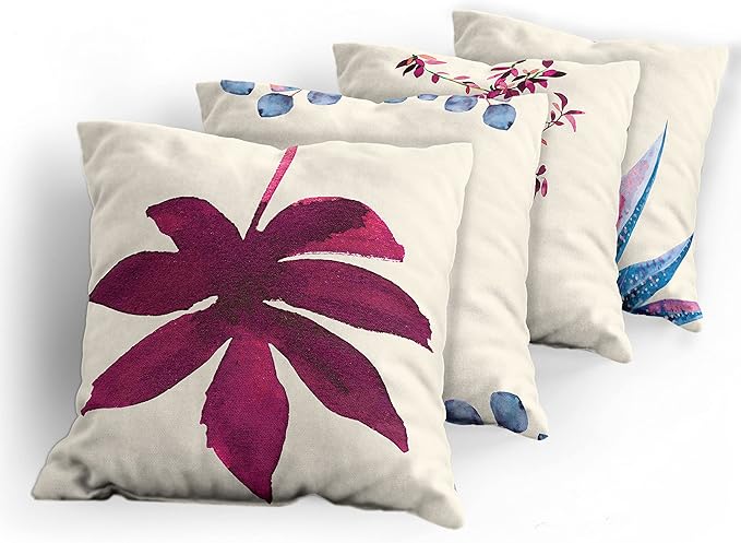 Ambesonne Botanical Throw Pillow Cushion Case Pack of 4, Minimalist Watercolor Painting Leaves Agave Branches Plant in a Pot, Modern Accent Double-Sided Digital Printing, 24", Dark Pink and Ceil Blue
