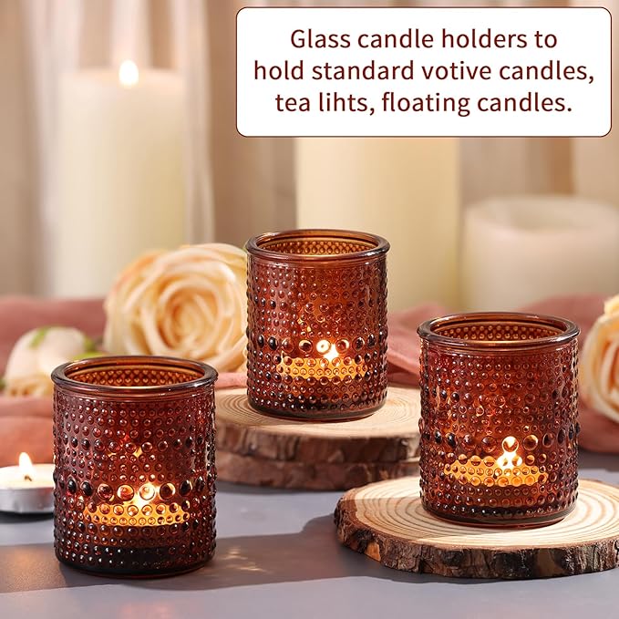 40Pcs Glass Votive Candle Holders, Amber Tea Light Candle Holders Vintage Fall Tealight Candle Holder Bulk for Autumn, Thanksgiving Table Centerpieces, Christmas Decor (Amber)