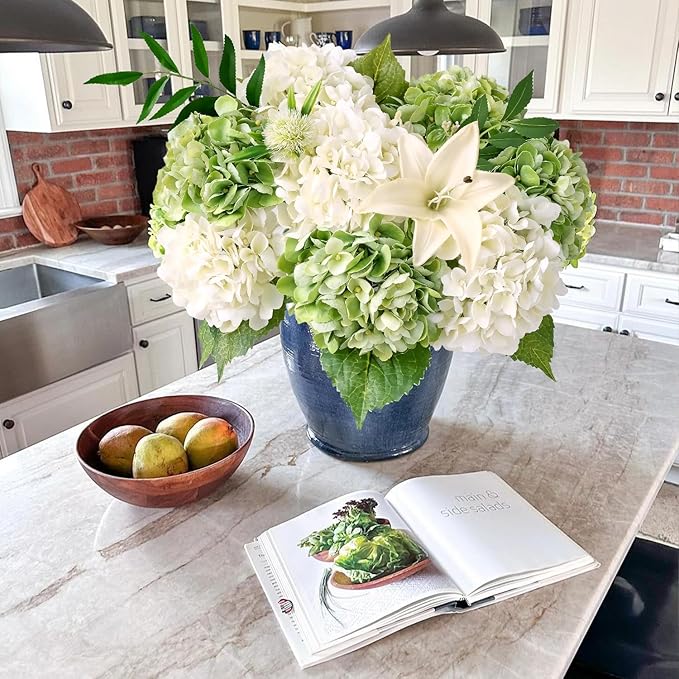 2Green+2White Real Touch Vintage Artificial Hydrangeas, 21" Faux Hydrangea Flowers for Wedding Bouquet Decoration,Fake Hydrangea Silk Flowers for Christmas Centerpieces Tables Party Home
