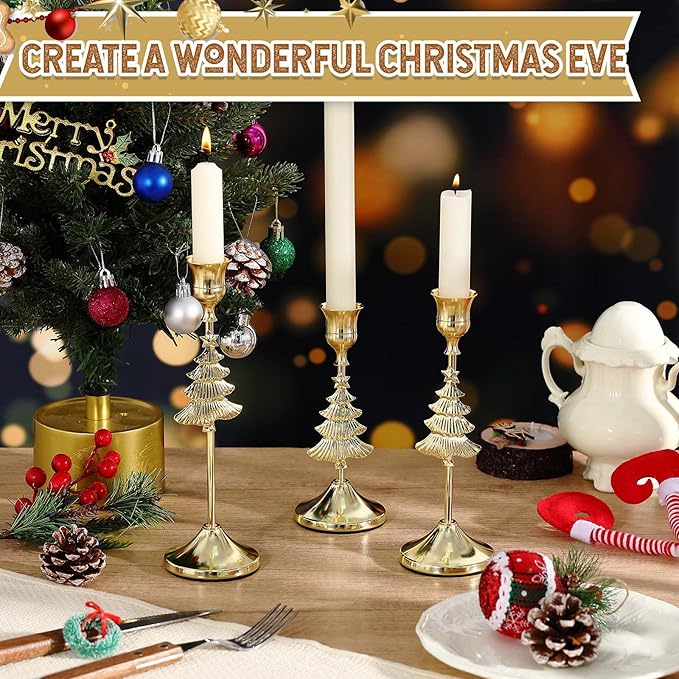 3 Pcs Christmas Candle Holders 3 Size Gold Taper Candlestick Holders Set Vintage Decorative Centerpiece for Table Mantel Wedding Housewarming Thanksgiving Gifts (Christmas Tree)