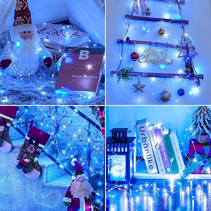 5 Pack Fairy Lights Battery Operated, 7 Feet 20 Led String Lights with Timer, Waterproof Firefly Lights on Silver Wire for Home Party Wedding Christmas Decorations, 6 Hours on/18 Hours Off, Blue White