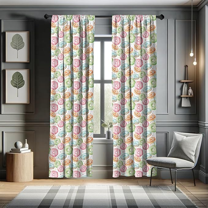 Ambesonne Watercolor Window Curtains, Delicious Donuts Pattern Various Flavors Sprinkles Stars Background, Lightweight Decor 2-Panel Set with Rod Pocket, Pair of - 28" x 63", Pale Fern