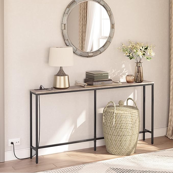63" Console Table with Power Outlet, Narrow Sofa Industrial Entryway Behind Couch Table with USB Ports for Entryway, Hallway, Foyer, Living Room, Bedroom, Greige CTHG16E01Z1