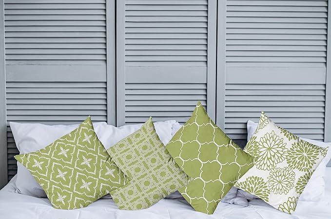 Ambesonne Vintage Throw Pillow Cushion Case Pack of 4, Monochrome Design Grid Trellis Quatrefoil Mesh and Dahlia Flowers Modern, Modern Accent Double-Sided Digital Printing, 16", Olive Green