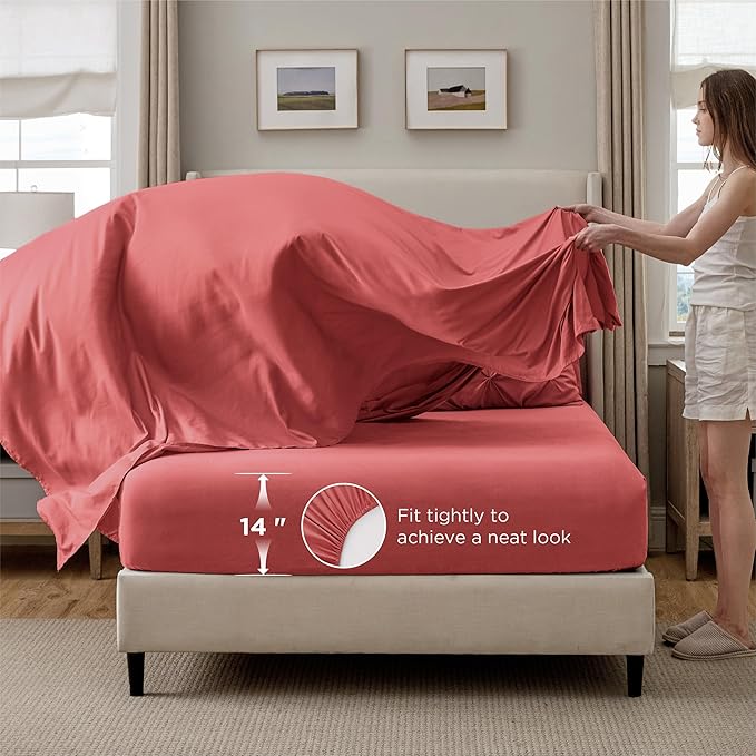 Bedsure Twin Comforter Set Coral Red - Bed in a Bag Twin Size Bedding 5 Pieces, GentleSoft™ Pintuck Bed Set Gift for Family, Pinch Pleat Coral Red Comforter with Sheets, Pillowcase & Sham