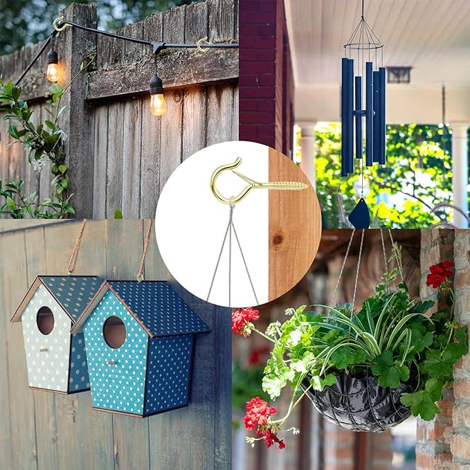 36 PCS Q-Hanger Hooks, Screw Hooks for Outdoor String Lights, Safety Buckle Design Cup Eye Hook for Hanging Christmas Lights, Plants, Mounted on Wall Ceiling, Include 1 Wing Nut Driver, Gold