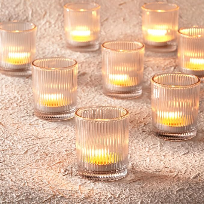 Homemory 12 Pcs Glass Votive Candle Holders, Clear Tealight Candle Holder, Vintage Candle Holders Bulk for Table Centerpieces, Christmas, Baby Shower, Birthday, Wedding