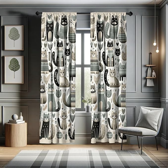 Ambesonne Cats Window Curtains Pack of 2, Modern Scandinavian Inspired Innocent Kitten Pattern with Leafy Details, Lightweight Set with Rod Pocket, 4 Panels of - 28" x 84", Pale Teal Pale Khaki Grey
