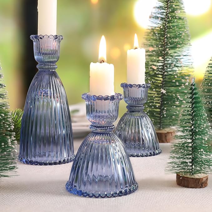 6 Pcs Blue Glass Candlestick Holders (3.5"/6", Assorted)- Tall Taper Candle Holders with Vintage Design, Candle Stick Holders in Bulk for Party Decorations, Blue Candle Holder for Tapered Candles