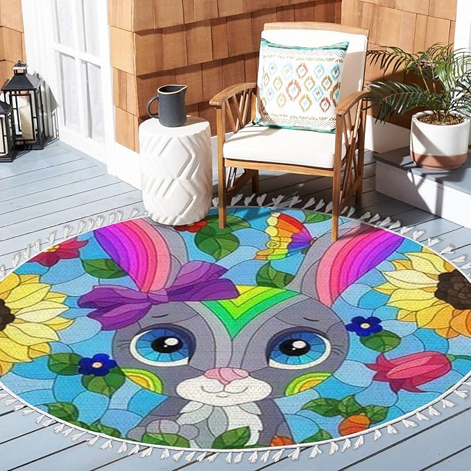 Round Rugs Stained Glass a Portrait a Cute Cartoon Rabbit a Flowers Rectangular Boho Area Rug Linen and Cotton Carpet Meditation Rug Washable Hallway Runner Mat Accent Rug for Bedroom Bathroom 6ft