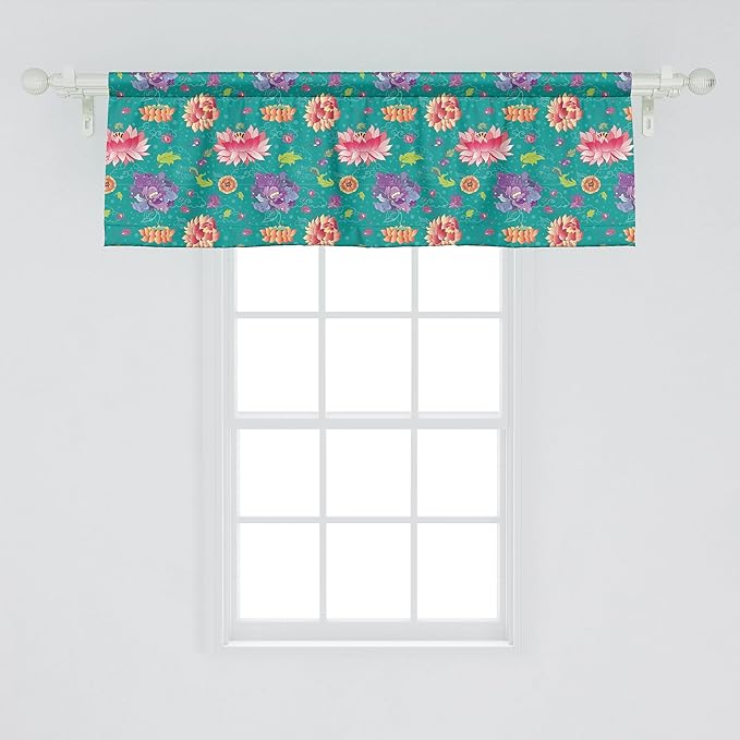 Ambesonne Floral Window Valance, Pattern with Lotus Flowers Peonies and Chrysanthemums Oriental Motifs Garden Art, Curtain Valance for Kitchen Bedroom Decor with Rod Pocket, 42" x 18", Teal