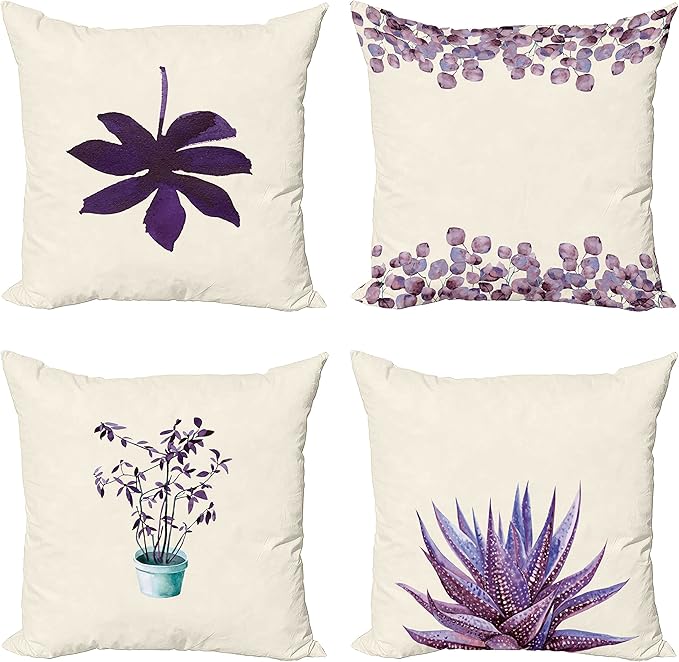 Ambesonne Botanical Throw Pillow Cushion Case Pack of 4, Minimalist Watercolor Painting Leaves Agave Branches Plant in a Pot, Modern Accent Double-Sided Digital Printing, 16", Quartz and Lavender