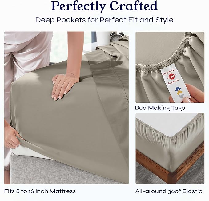 California Design Den King Bed Sheets Set - Soft 400 Thread Count Sateen, Natural 100% Cotton Sheets,Durable & Breathable Bedding with Deep Pockets - Taupe