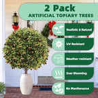 27.5" Artificial Olive Boxwood Topiary Ball Tree, Set of 2 Fake Bushes Shrubs with Ground Spike, UV Resistant Faux Evergreen Boxwood Plants for Outdoor Indoor Planters Front Porch Garden Decor