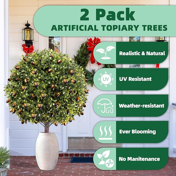 27.5" Artificial Olive Boxwood Topiary Ball Tree, Set of 2 Fake Bushes Shrubs with Ground Spike, UV Resistant Faux Evergreen Boxwood Plants for Outdoor Indoor Planters Front Porch Garden Decor