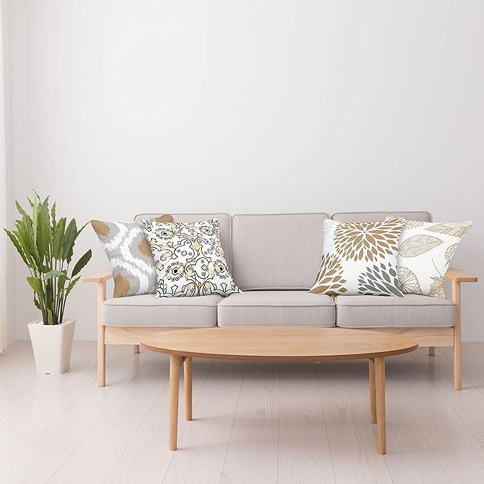 Ambesonne Vintage Throw Pillow Cushion Case Pack of 4, Bohemian Ornamental Leaves Dahlia Pattern Geometric Art Curlicue, Modern Accent Double-Sided Digital Printing, 18", Pale Brown Grey White