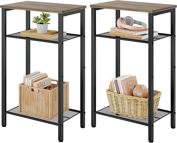 Hoctieon 2-Set 3 Tier End Table, Telephone Table Set of 2, Tall Side Table with Storage Set of 2, Small Nightstand for Small Spaces, Metal Frame, for Living Room, Bedroom, Sofa Couch, Hallway, Greige