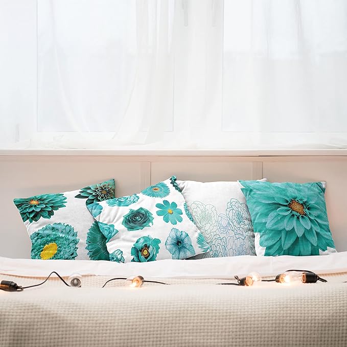 Ambesonne Floral Throw Pillow Cushion Case Pack of 4, Modern Design Flowers in Aquatic Color Palette Cold Toned Leaves Print, Modern Accent Double-Sided Digital Printing, 20", White Turquoise