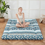 Japanese Floor Mattress, Futon Mattress with Storage Bag and Washable Cover, Roll Up Tatami Mat Suitable for Guest Room (Blue Striped Jacquard, Queen)