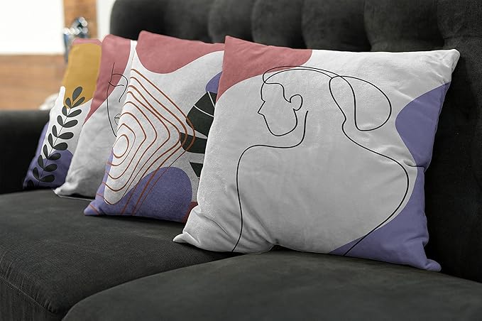 Ambesonne Minimal Throw Pillow Cushion Case Pack of 4, Modern Line Art Woman Portrait Contemporary Leafy Geometric Details, Modern Accent Double-Sided Digital Printing, 24", Lavender Amber Pale Rust